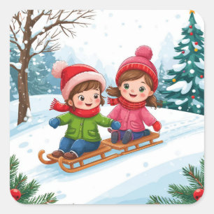 Sticker Carré Enfants faisant de la luge ensemble dans un Noël e