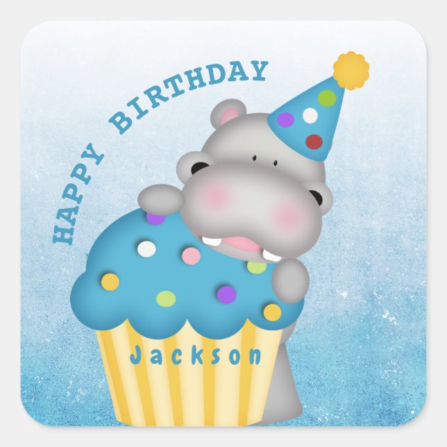 Sticker Carré Enfants Hippo Anniversaire Cupcake Sprinkings Pers (Devant)