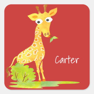 Sticker Carré Enfants Personnalisé Aquarelle Giraffe Rouge