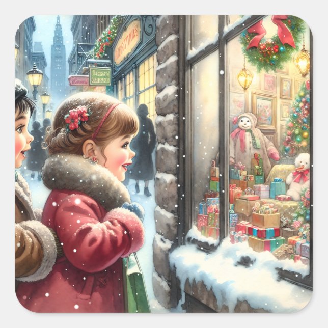 Sticker Carré Enfants regardant dans une fenêtre de Noël (Devant)