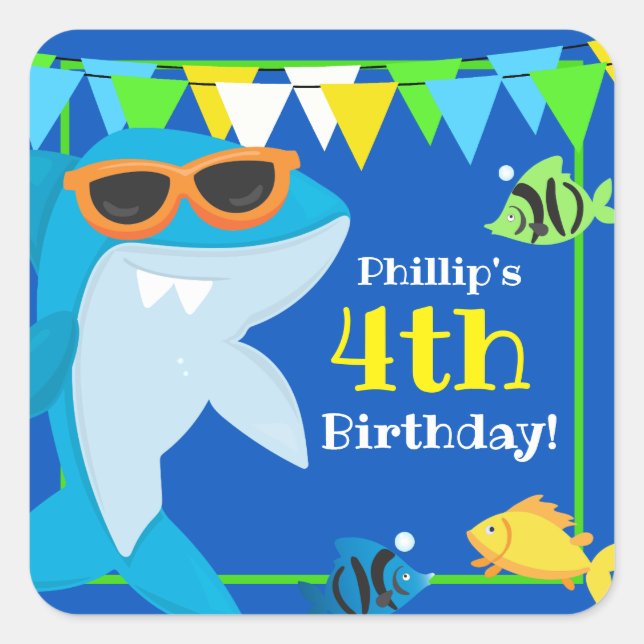 Sticker Carré Enfants requin bleu Fintastic Anniversaire (Devant)