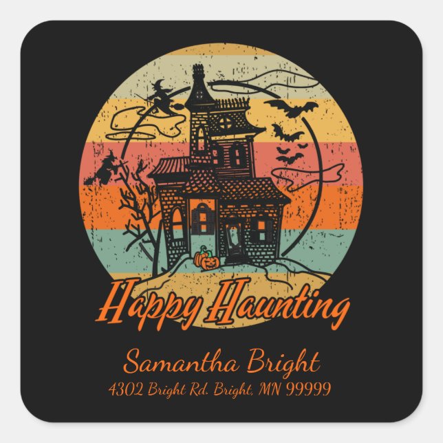Sticker Carré Enfants Retro Halloween Happy Haunting Haunting Ma (Devant)