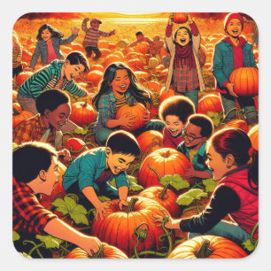 Sticker Carré Enfants s'amuser à la Citrouille Patch Halloween