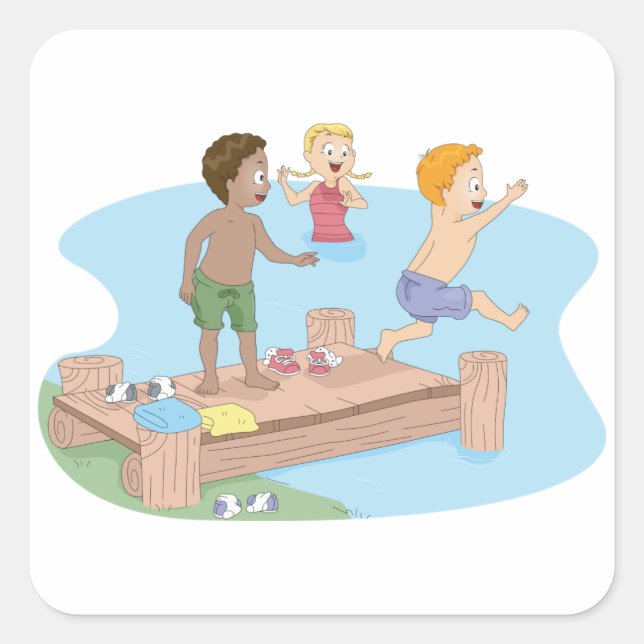 Sticker Carré Enfants sautant dans le lac pour une baignade esti (Devant)