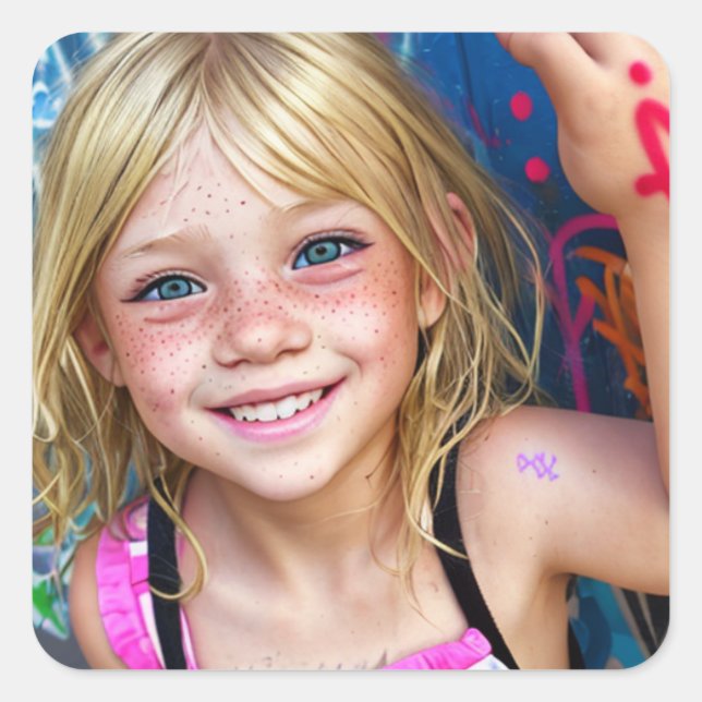 Sticker Carré Enfants tribaux | Cute Little Blonde avec Freckles (Devant)