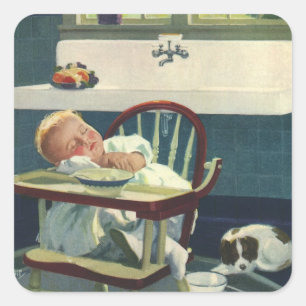 Sticker Carré Enfants Vintage, Chaise haute de bébé endormi Cuis