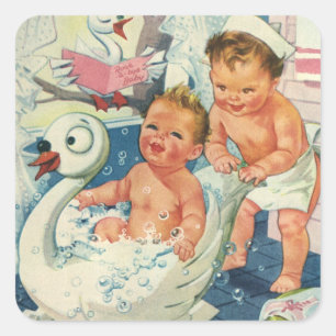 Sticker Carré Enfants vintage jouant avec des bulles dans une ba