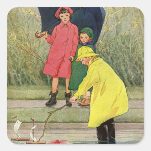 Sticker Carré Enfants vintage jouant dans les flaques "Une journ