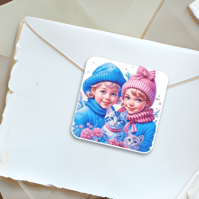 Sticker Carré Enfants vintages et chatons Noël (Créateur téléchargé)