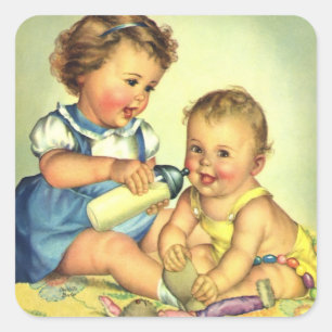 Sticker Carré Enfants vintages, Joyeux Petits Enfants Bouteille 