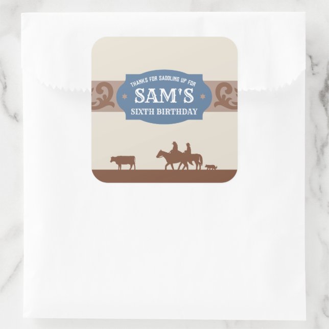 Sticker Carré Enfants Western Anniversaire Party Bleu/Merci Brow (Sac)