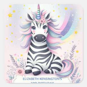 Sticker Carré Enfants Zebra Unicorn Rainbow Birthday Party