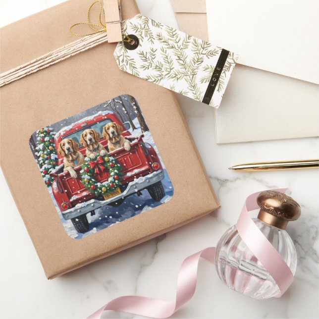 Sticker Carré English Setter Christmas Red Truck Holiday (Cadeaux)