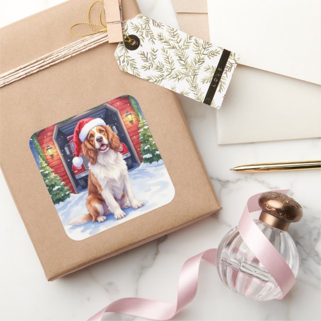 Sticker Carré English Springer Spaniel Fire Station Santa (Cadeaux)