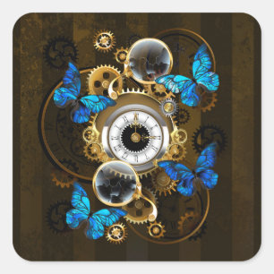 Sticker Carré Engrenages Steampunk et papillons bleus