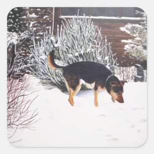 Sticker Carré Enneigement hivernal avec un mignon chien noir et