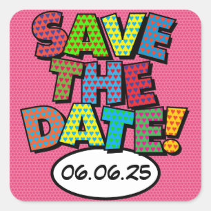 Sticker Carré ENREGISTRER LA DATE Fun Retro Bande Dessinée Pop A
