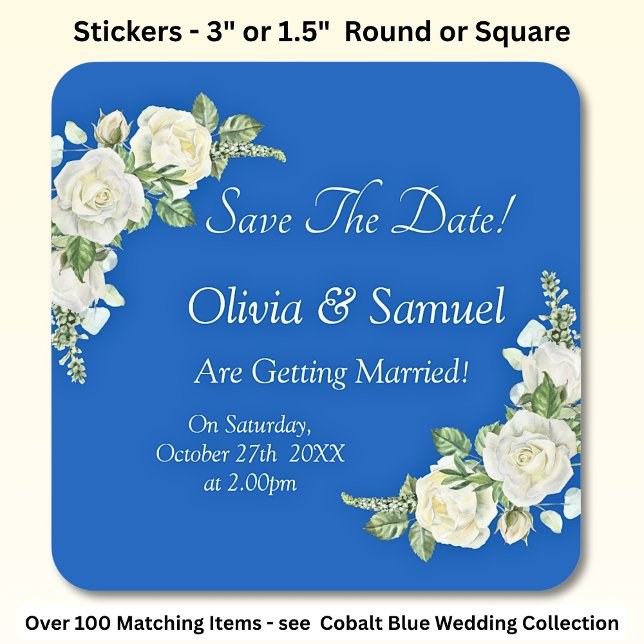 Sticker Carré Enregistrer La Date - Mariage Cobalt Blue & White  (Créateur téléchargé)
