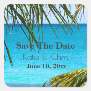 Sticker Carré Enregistrer la date Tropical Azure Beach and Palm