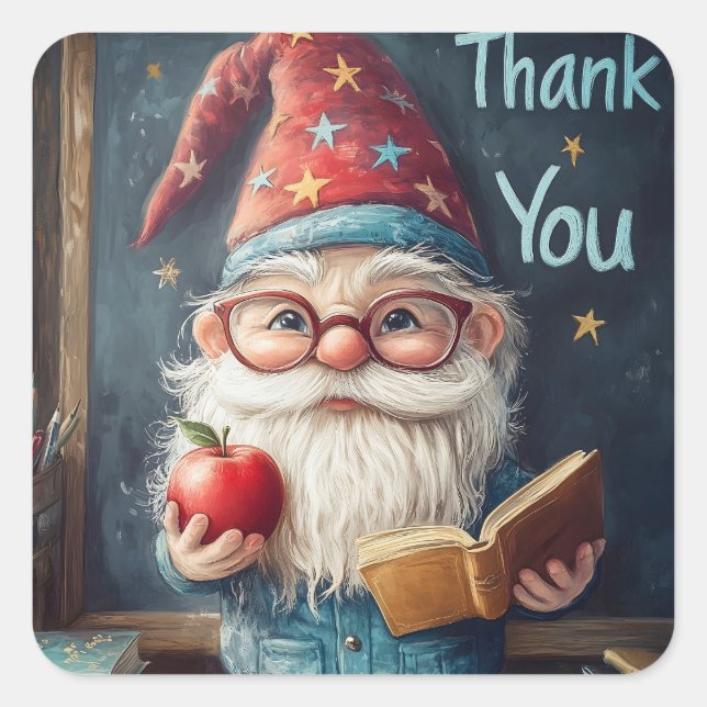 Sticker Carré Enseignant Gnome Cute - Illustration Merci (Devant)