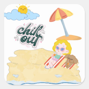Sticker Carré ensemble de cliparts de plage mignons