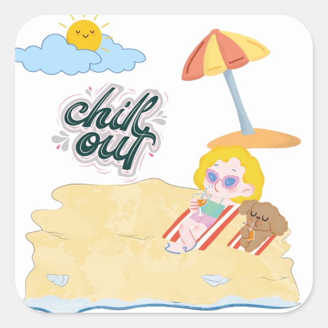 Sticker Carré ensemble de cliparts de plage mignons (Devant)