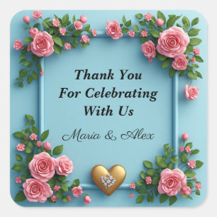Sticker Carré 🌷 Ensemble de mariage Rose Rose Bleue Cœur Doré �
