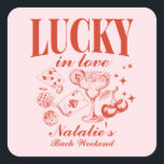 Sticker Carré Enterrement de vie de jeune fille personnalisé à L<br><div class="desc">Créez une touche inoubliable pour votre enterrement de vie de jeune fille à Las Vegas avec notre autocollant carré personnalisé "Lucky in Love" pour enterrement de vie de jeune fille à Las Vegas. Conçus avec des thèmes tels que "Cocktail Social Club" et un motif bach club social vibrant rouge et...</div>