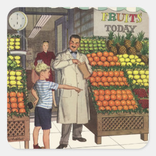 Sticker Carré Entreprise de vintage, stand de fruits avec épicie