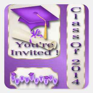 Sticker Carré Enveloppe de graduation violet et or scellée
