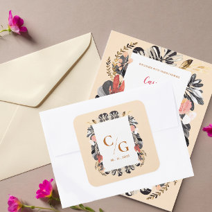 Sticker Carré Enveloppe Mariage de monogramme flou et noir