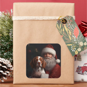 Sticker Carré Épanouie Brittany Spaniel avec le Père Noël Noël