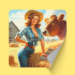 Sticker Carré Épinglette de cowgirl mignonne vintage