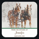 Sticker Carré Équipe de Belgique de cheval Wintery Christmas Sce<br><div class="desc">Autocollant de cuisine de cuisson festive personnalisé avec votre nom. Conçu avec une photographie extérieure avec une équipe de 2 chevaux belges tirant un traîneau. Des flocons de neige tombent doucement avec des pins enneigés dans l'arrière - plan.</div>