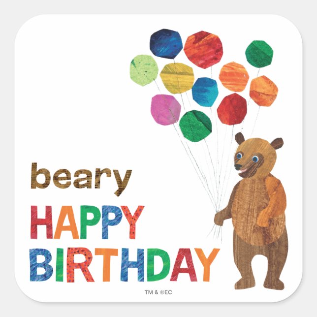 Sticker Carré Eric Carle | Ours Brown - Béary Joyeux anniversair (Devant)