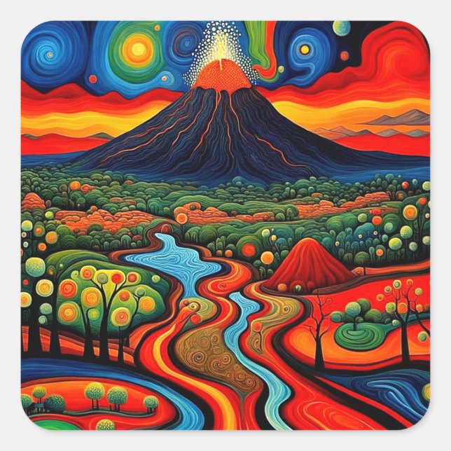 Sticker Carré Éruption du volcan la nuit 10 (Devant)
