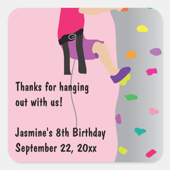 Sticker Carré Escalade de mur de roche de la fille fête d'annive (Devant)