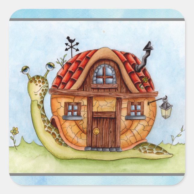 Sticker Carré Escargot avec maison sur l'arrière de l'aquarelle  (Devant)