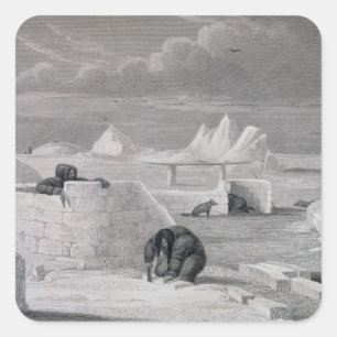 Sticker Carré Eskimaux building a Snow-hut, from 'Journal of a S