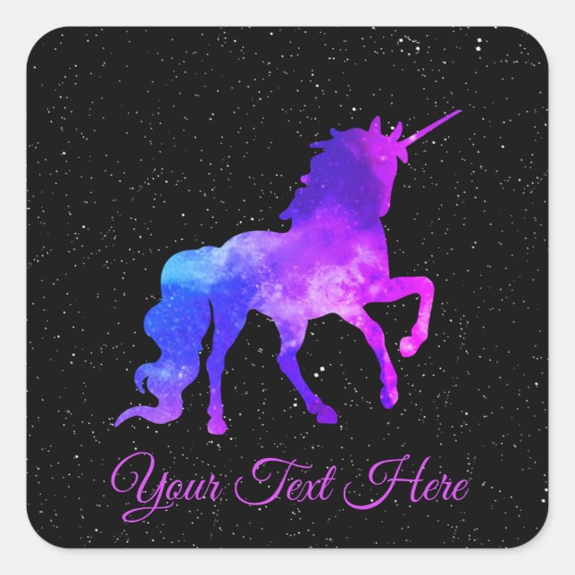 Sticker Carré Espace Unicorne de Galaxie noire/violette du texte (Devant)