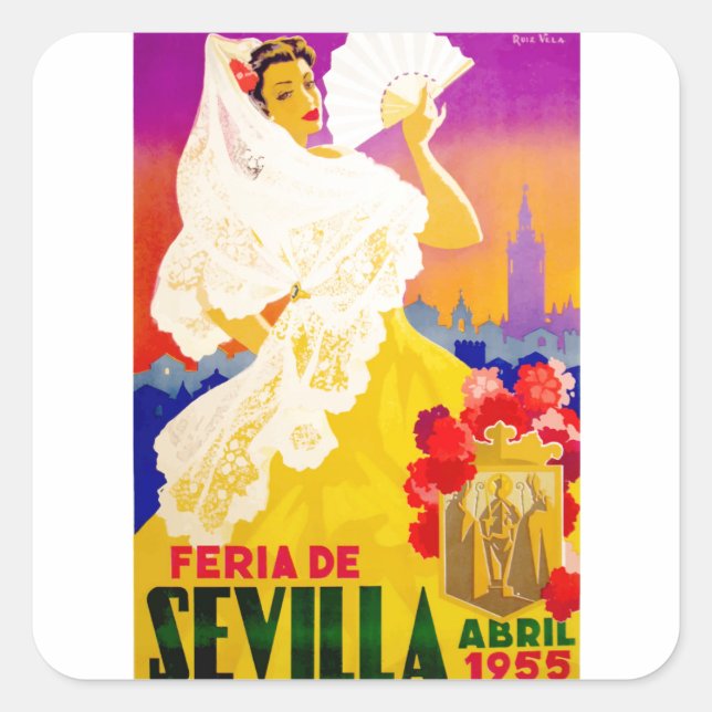 Sticker Carré Espagne 1955 Séville Avril Fair Poster (Devant)