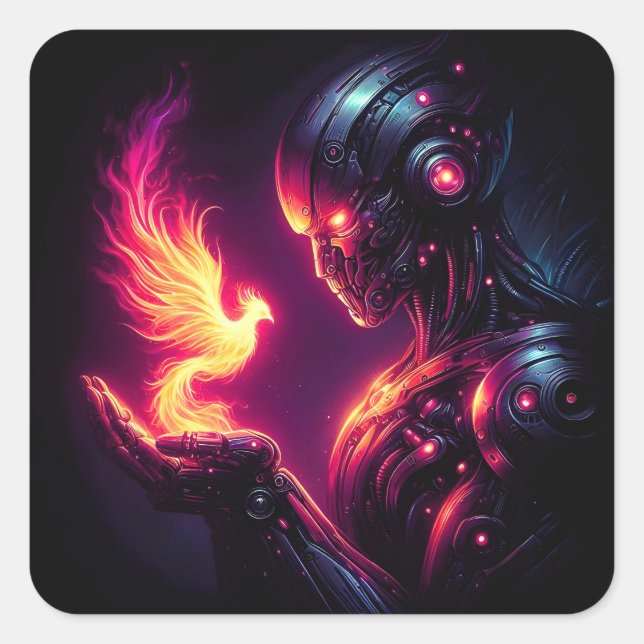 Sticker Carré Esprit de feu de phénix de robot cyber futuristic (Devant)