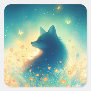 Sticker Carré Esprit du Loup Noir dans la Prairie aux fleurs sau
