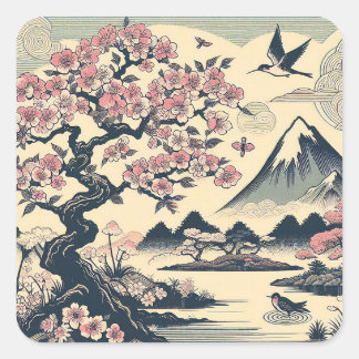 Sticker Carré Estampe japonaise sur bois de cerisier en fleurs G