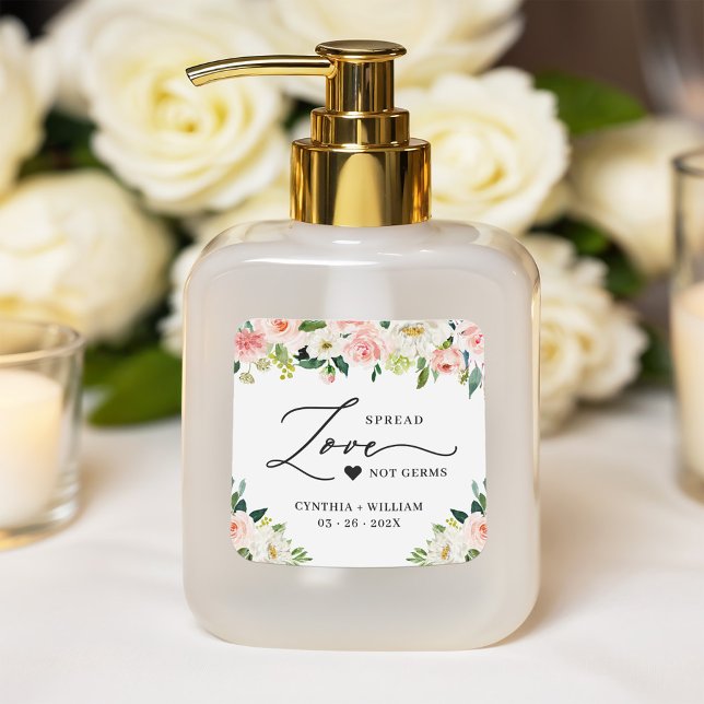 Sticker Carré Étaler l'amour rose pâle Mariage Floral Sanitizer (Créateur téléchargé)