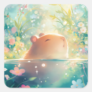 Sticker Carré Étang du jardin floral de Capybara