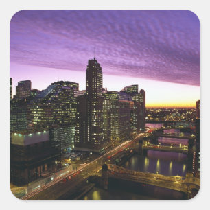 Sticker Carré États-Unis, IL, Chicago. Skyline et rivière de Chi