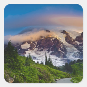 Sticker Carré États-Unis, Washington, Mt. Rainier. Soleil du mat