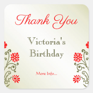 Sticker Carré Etching or et Merci floral rouge Élégant