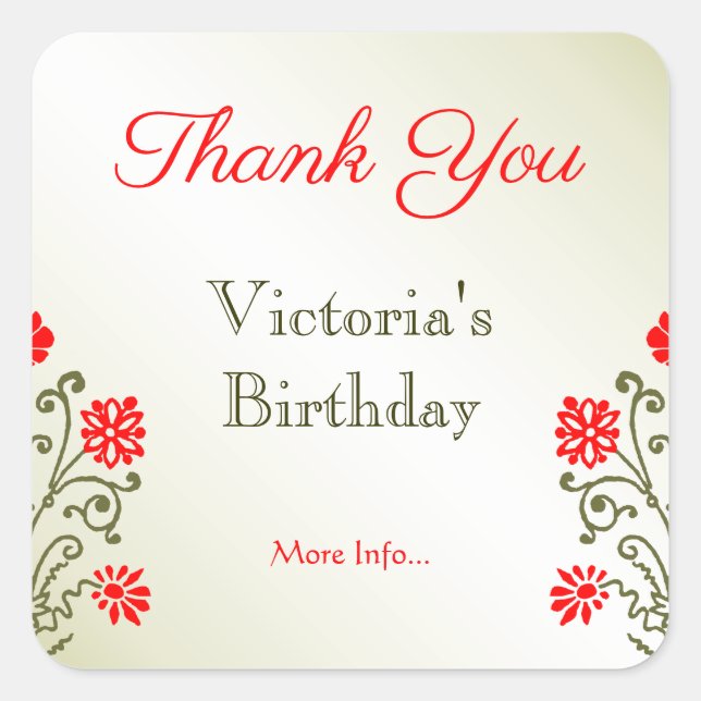 Sticker Carré Etching or et Merci floral rouge Élégant (Devant)